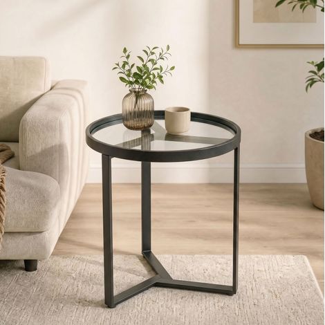 Tavolino rotondo 45x45x50 cm in metallo e vetro temperato nero – MEUBLIV (1/5)