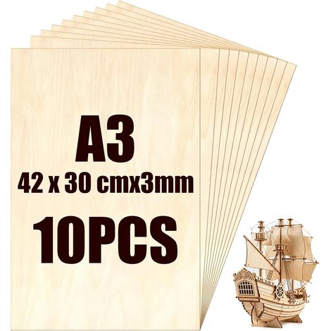 10 Pièces Contreplaqué A3, 420x300x3mm Feuilles de bois de tilleul, Panneau Feuille Découpe Laser, Feuilles de bois minces pour Pyrogravure, Modélisme, Découpe Laser, Décoration, Peintures (1/5)