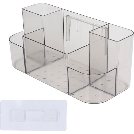 Boîte de rangement transparente grise, sans perçage, pour bureau, maison ou salle de bain. Organiseur mural ou de bureau à compartiments, en plastique transparent. (1/5)