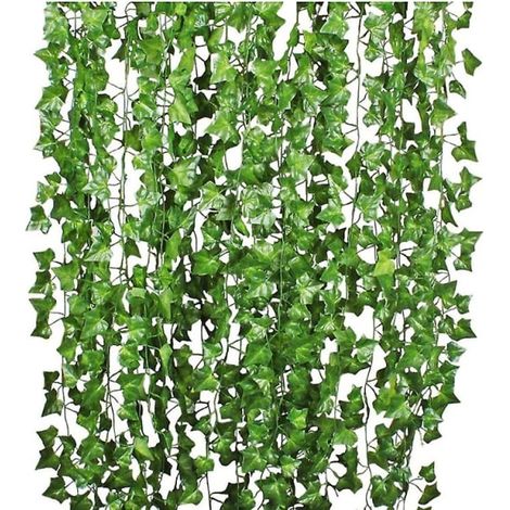 12 faux plants de vigne artificiels, 2,1 m, feuilles de patate douce simulées, lierre décoratif en plastique, guirlande de verdure synthétique pour décor intérieur et extérieur, vert (1/2)