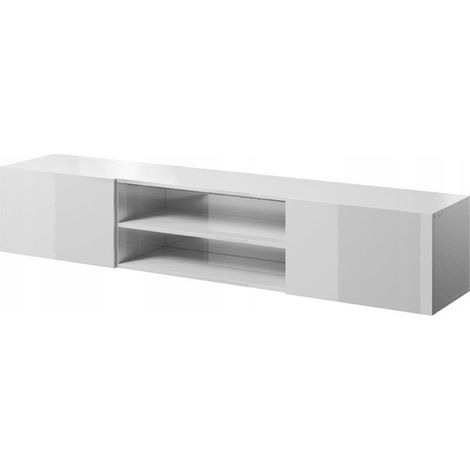 Meuble TV Blanc brillant 200x37x40cm SLIKA K à suspendre meuble Hi-fi 2 portes commode (1/4)