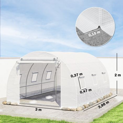 Serre en aluminium, bâche plastique, porte moustiquaire, poteaux de support, blanche