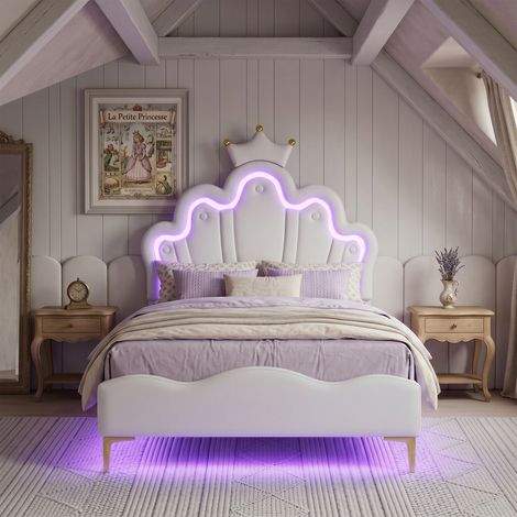Lit enfant 90 x 190 - avec sommier et LED - lit fille avec décor couronne, lit princesse - cadre de lit - PU blanc (1/5)
