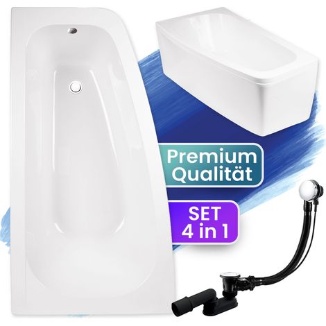 Badewanne Eckbadewanne 150x80 Links mit AcrylSchürze, Ablaufgarnitur & Füßen GRATIS - Komplettset 4in1 Original Acryl Wanne Siphon - BADLAND LUNA (1/5)