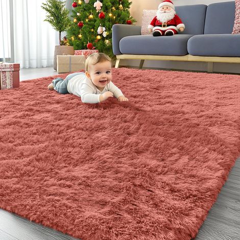Tapis moelleux à poils longs pour salon, tapis de chevet doux et épais, lavable en machine, antidérapant, pour chambre d'enfant, crèche, terre cuite, 60 x 100 cm (1/5)