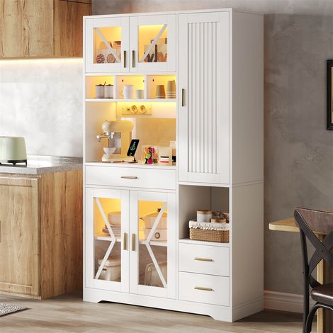 Buffet de Cuisine Style Grange - 105x40x185 cm - Armoire Haute avec LED App, Prises Intégrées et Vitrine - Blanc (1/5)