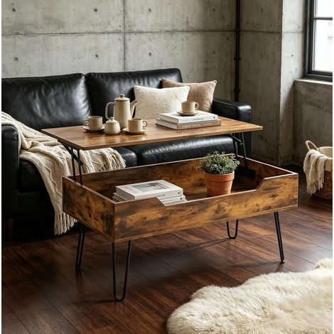 Mesa de centro rectangular elevable de MDF y acero con compartimento 95 x 50 cm OKWISH (1/5)