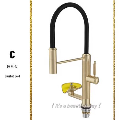 (Or brossé C) Robinet d'évier de cuisine moderne avec rondelle en forme de coupe et noyau de valve en céramique. (1/5)