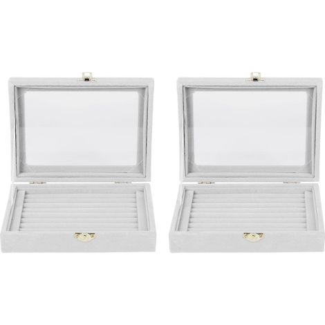 Deux présentoirs à bijoux en verre velours pour bagues et boucles d'oreilles, plateaux et boîtes de rangement, gris. (1/5)