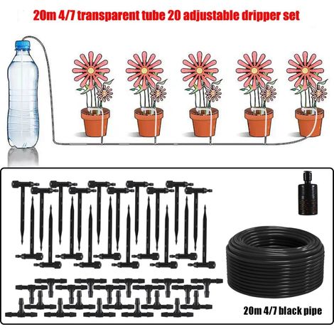Kit d'irrigation goutte à goutte pour jardin (tuyau d'arrosage de 20 mètres, 20 régulateurs) pour arroser les plantes en pot, économe en eau. (1/5)