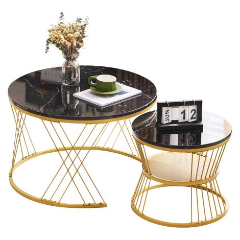 Tables basses gigognes lot de 2, marbre, doré, laqué brillant, moderne