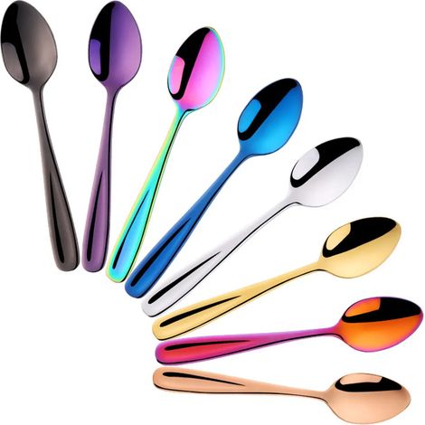 Cuillères à café colorées 13,5 cm, petites cuillères en inox 18/10 pour expresso, lot de 8 mini cuillères à dessert métal, moka. (1/5)
