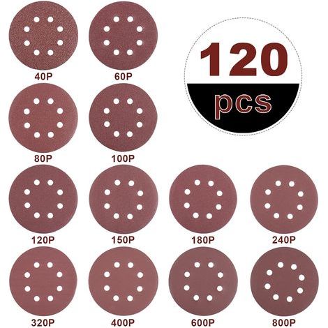 Paquete de 120 discos abrasivos de 125 mm – Granulometría 40/60/80/100/120/150/180/240/320/400/600/800 – 8 orificios para lijar y pulir madera y metal. (1/4)