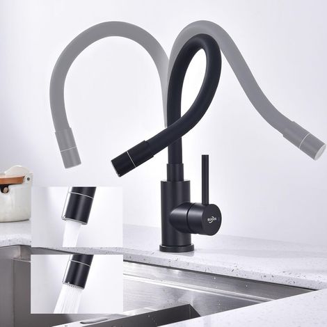 Schwarze, flexible Küchenarmatur, Spülbeckenarmatur mit 2 Strahlarten, 360° schwenkbarem Auslauf, Einhebelmischer aus Edelstahl, Hochdruck-Küchenarmatur (1/5)