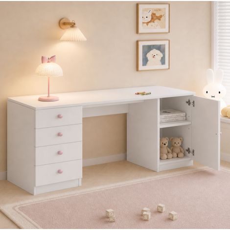 Scrivania per bambini 155x45x74 cm con 4 cassetti e vano portaoggetti, piano stabile, MDF bianco, maniglie rosa (1/5)