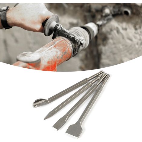 Kit de 4 forets pour marteau perforateur électrique : burin pointu, plat, en forme de U et à tige ronde. (1/5)