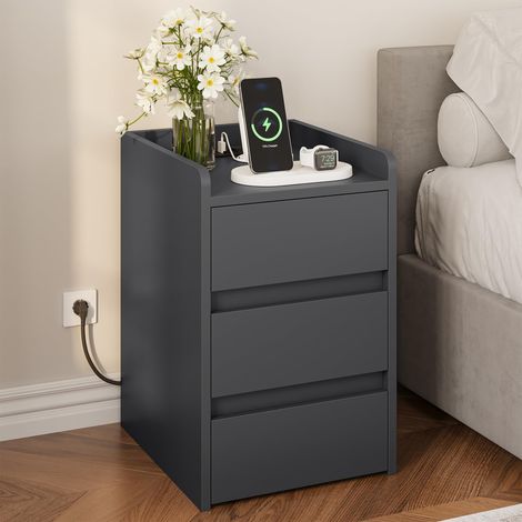 Table de chevet à 3 tiroirs et bloc d'alimentation - Table de chevet avec station de charge, 2 ports USB et prises - Table d'appoint imperméable pour salon et chambre à coucher - 35 x 40 x 59 (1/5)