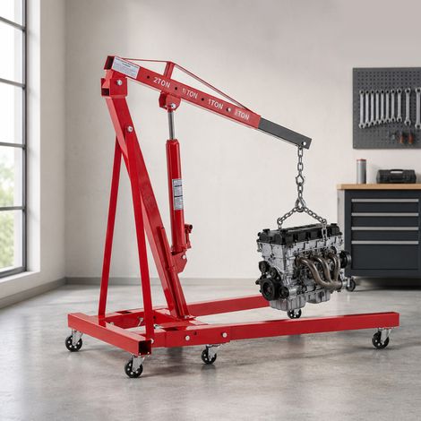 Grue d’atelier hydraulique pliable 2 tonnes, bras télescopique 4 positions, acier rouge (1/5)