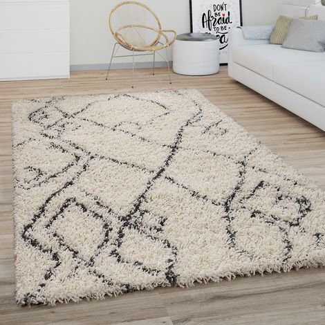 Paco Home Hochflor Teppich Wohnzimmer Shaggy Langflor Modernes Boho Skandi Rauten Muster 80 cm Rund, Creme Anthrazit