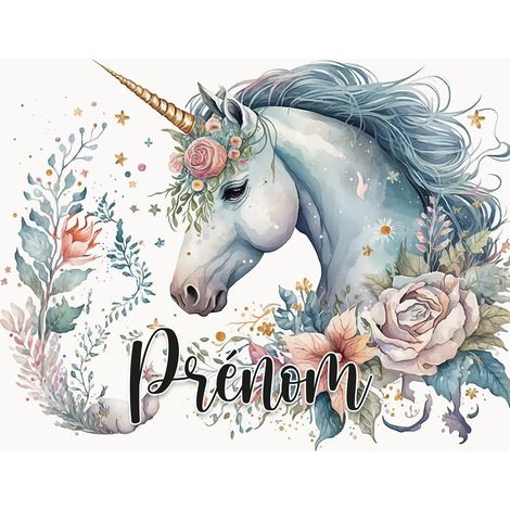 Papier peint panoramique enfant avec prénom personnalisable - Fleurs Licorne - 130 cm x 102 cm (1/2)