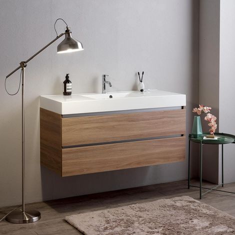 Mobile Bagno 120Cm 2 Cassetti Rovere Naturale E Lavabo 1 Vasca  Vittoria