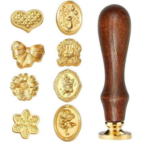 Sceau rétro en laiton avec manche en bois, 8 formes différentes pour logos et lettres, parfait pour les mariages et les invitations. (1/5)