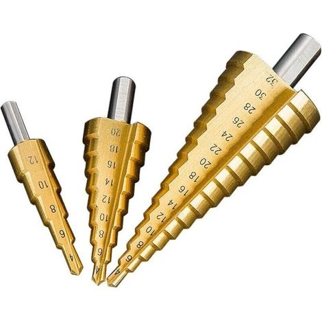 Lot de 3 pcs Foret Fraise Meche Etage. Foret Conique Fraise à Etages Echelle en acier. HSS 4-12/4-20/4-32 (1/5)