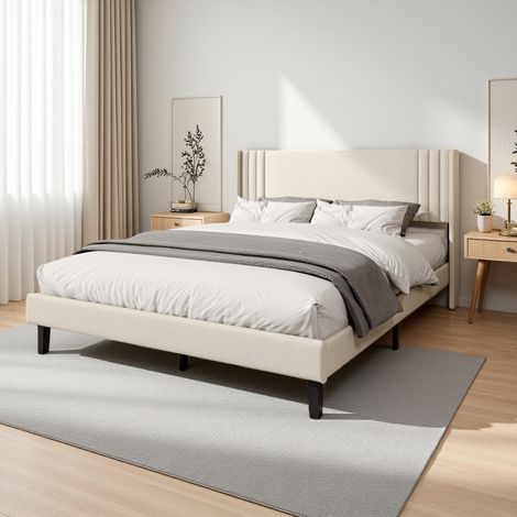 Lit 140x200 avec Sommier, Lin Lit 2 Personnes, Cadre Lit avec Tête Lit, Applicable à Recherchent Sommeil Qualité Apprécient Style Natu Rustique, L'expérience (1/5)