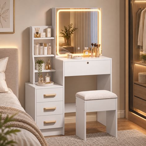 Tocador con Espejo LED, con Taburete y 4 Cajones, Tablero de Partículas, Mueble Tocador Moderno para Dormitorio L85xA130 cm, Blanco (1/5)