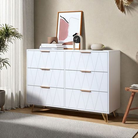 Buffet - 100x34x72.5 cm - Weiß - 6 Schubladen - Metall - Moderner Skandinavischer Stil