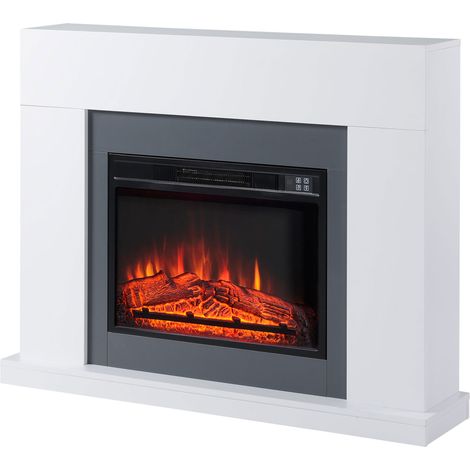 Cheminée électrique 1800-2000 W avec télécommande, flamme réglable, thermostat et minuterie hebdomadaire pour 37 m², blanche (1/5)