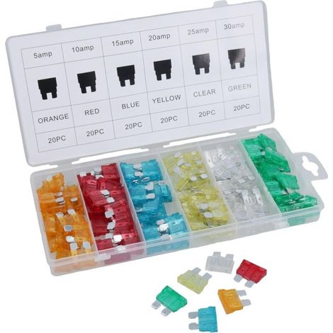 Coffret 120 fusibles 5-30 A – 20 pcs par intensité – Codés par couleur pour identification rapide – Boîte de rangement compartimentée (1/5)