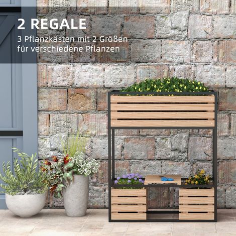 Jardinière surélevée en bois et métal, support pour plantes, bac à fleurs extérieur, résistant aux UV, 3 compartiments, 83x39x100 cm, teinte naturelle et noire (1/4)