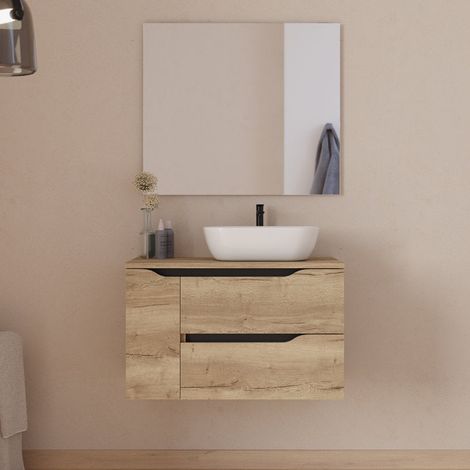 Meuble de salle de bain 80cm avec plateau, vasque à poser déportée à droite Zeus et miroir - 2 tiroirs et un placard - madera miel (bois clair) - ZARZA