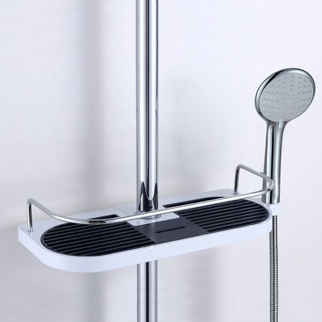 Etagère Douche Télescopique Poteau Réglable Alliage d'aluminium avec 2 Crochets, Serviettes Sans Perçage Rangement Etagere Salle de Bain Douche, Support Porte Savon Douche Shampooing, 19-25mm (1/5)