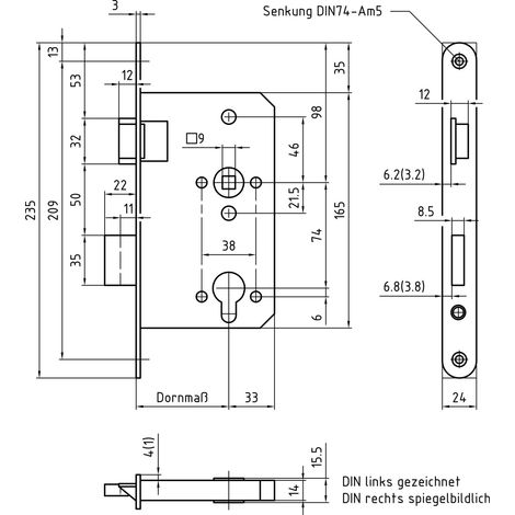 BMH Einstemmschloss 1000 Rundzylinder mit Wechsel, links, Stulp 24 mm,Edelstahl