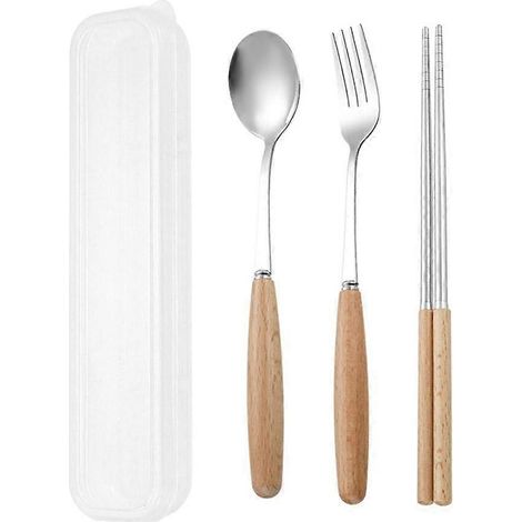 Ensemble de couverts à manche en acier inoxydable et à manche en bois, présenté dans une boîte transparente. (1/5)