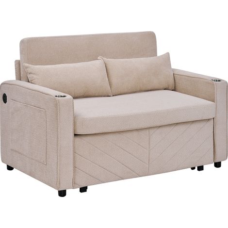 Canapé convertible 2 places beige en tissu avec lit d'appoint, design minimaliste 3-en-1, transformation coulissante et ports USB pour salon  CHICFURN (1/5)