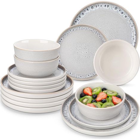 Geschirrset 36 Teile für 12 Personen, Steingut Tafelservice mit Tellern und Schalen, beige (1/5)