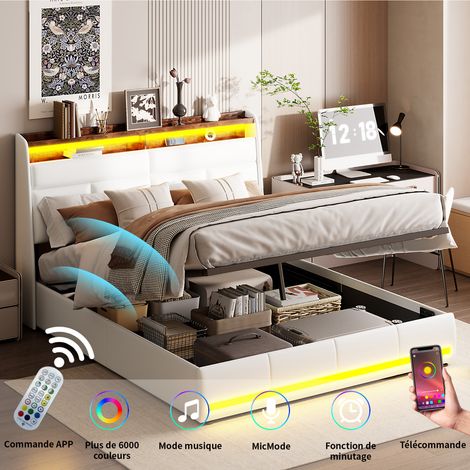 Cama 140 x 200 con somier, Cama 140x200, Cama 140, Elegancia Moderna con Iluminación Multicolor y Almacenamiento Integrado, Blanco