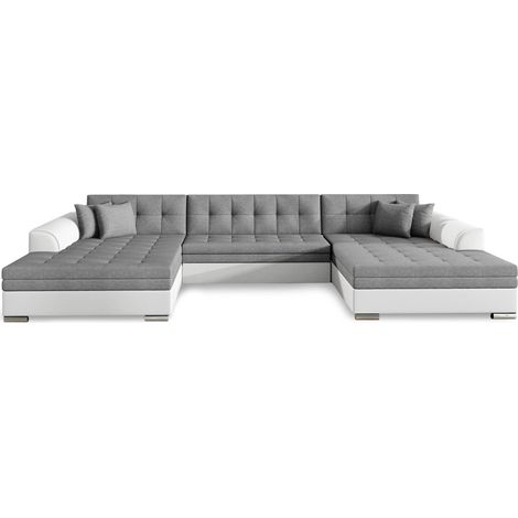 Canapé d'angle panoramique convertible tissu gris et simili blanc Vira 355 cm