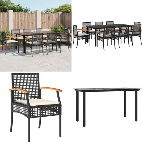 9-tlg. Garten-Essgruppe mit Kissen Schwarz Poly Rattan - Gartenstuhl - Gartentisch (1/5)