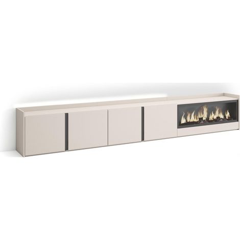 Skraut Home - Mobile TV Soggiorno, Ampio spazio a disposizione, 315x35x50cm, Per TV fino a 80", Camino elettrico XXL, LED, Stile moderno, Beige (1/5)