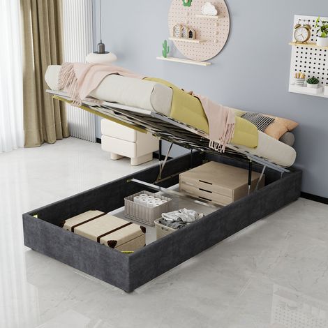 Marco de cama de estilo moderno y simple, 90200 cm, gris, tela de terciopelo holandés, con elevación a gas, muebles modernos para el dormitorio, excluyendo cabecero y colchón. (1/5)