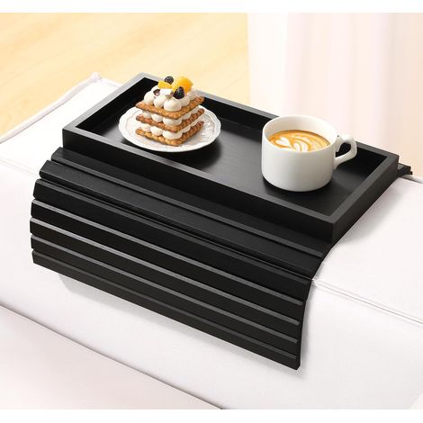 Sofatablett – Klappbare Bambus-Armlehne – Mit Getränkehalter – Für Snacks, Handy, Becher – Schwarz