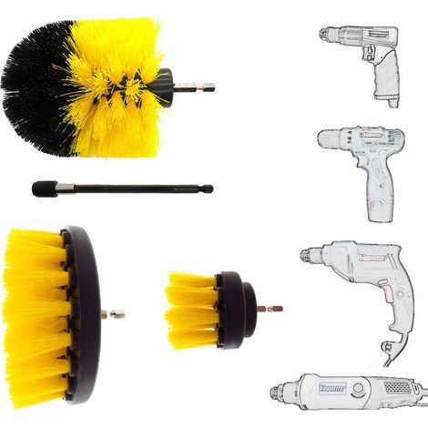 Brosse Nettoyage Perceuse 4 pièces, Brosse pour Perceuse Voiture Carrelage Tapis Baignoire Cuisine Toilettes Jaune (1/5)