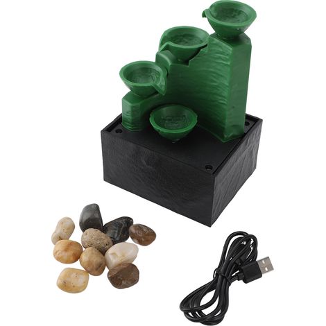 Fontaine de table décorative à eau en circuit fermé, alimentée par USB, avec pierres lumineuses LED vert émeraude, idéale pour le salon ou le bureau. (1/5)