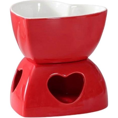 Service à fondue en forme de cœur - caquelon en céramique, ensemble pour dessert, comprend quatre fourchettes et une bougie, compatible avec la fondue au fromage, rouge. (1/5)