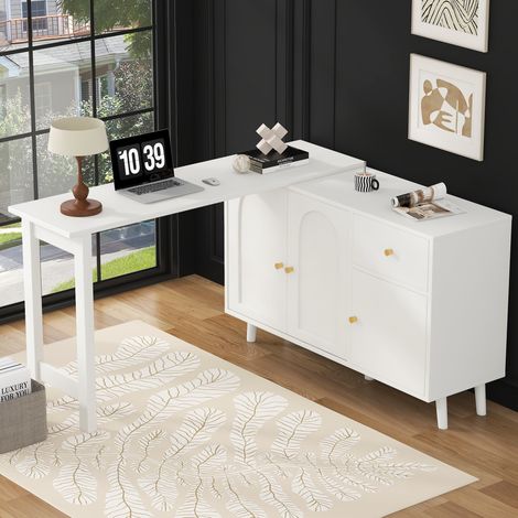 Bureau pivotant 360° avec 3 portes et 1 tiroir, blanc, pour chambre et bureau (1/5)