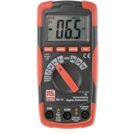 Rs Pro – Multimètre numérique portable 600V – Mesure courant 10A – Indice de sécurité CAT III – Résistance jusqu'à 20MO – Température jusqu'à +1000°C (1/3)